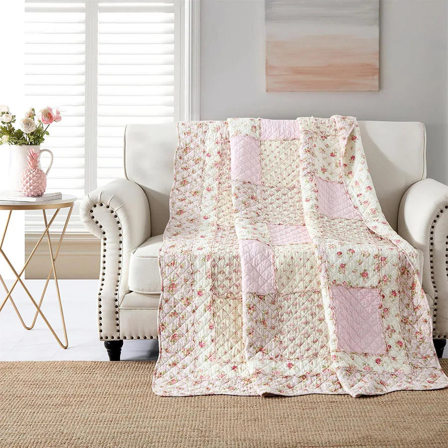 CHAUSUB Handmade Patchwork Cotton Quilt – Floral Print Bedspread, Twin to Super King