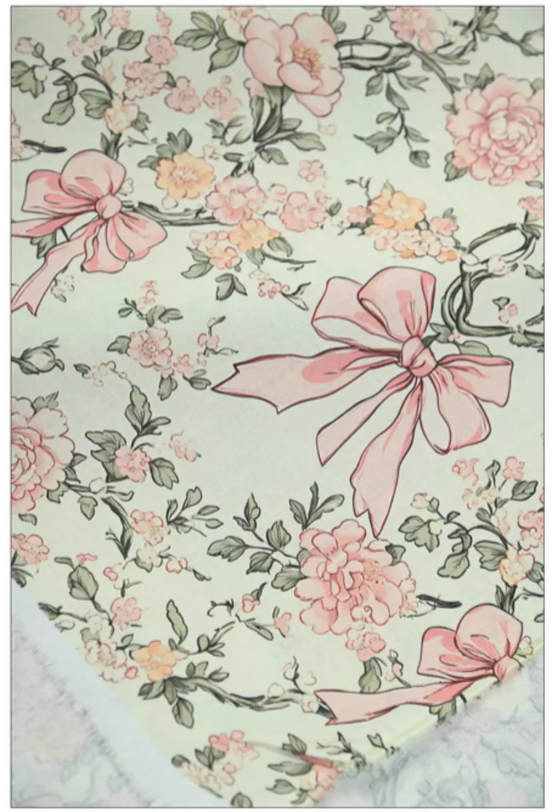 Bowknot & Floral Print 100% Cotton Fabric – 110cm Wide | Quilting, Bags, Garments & DIY