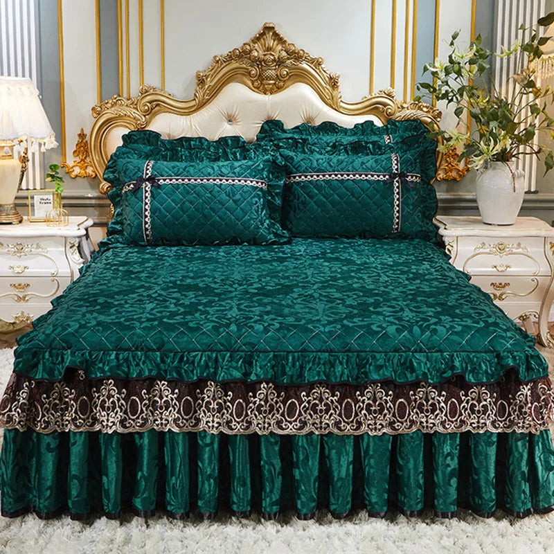 European Luxury Velvet Quilted Bedspread – Embossed Plush Bed Skirt | Queen & King Sizes