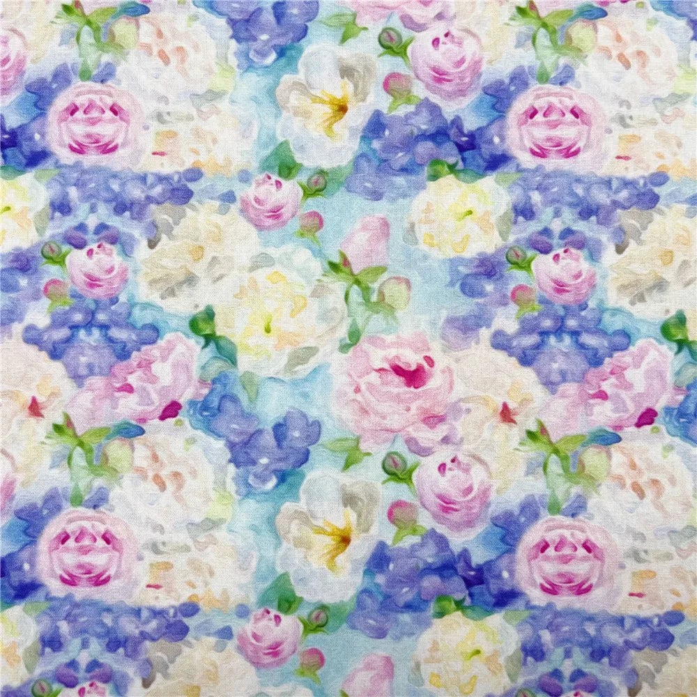 Watercolor Floral Print Cotton Fabric – Retro Oil Painting Style, 180 g/m, 110 cm Wide