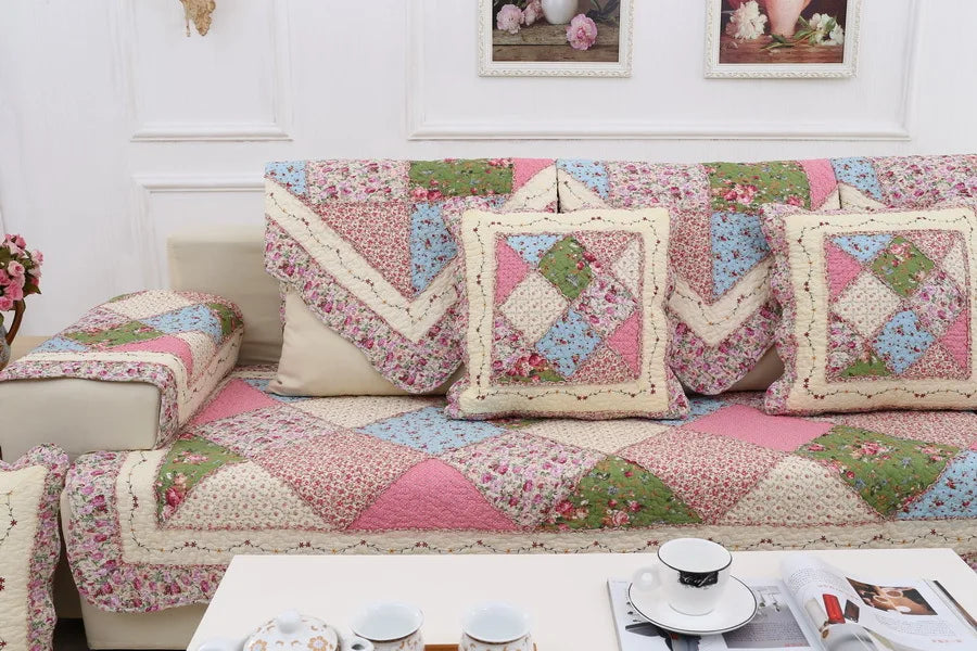 100% Cotton Quilted Sofa Cover – Anti-Slip Patchwork Floral Slipcover