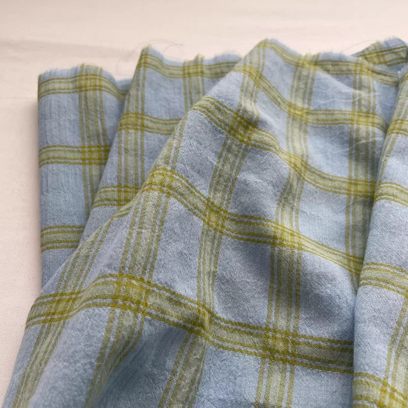 Blue and green mixed color woven checkered wrinkled cotton fabric for shirt dress diy fabric