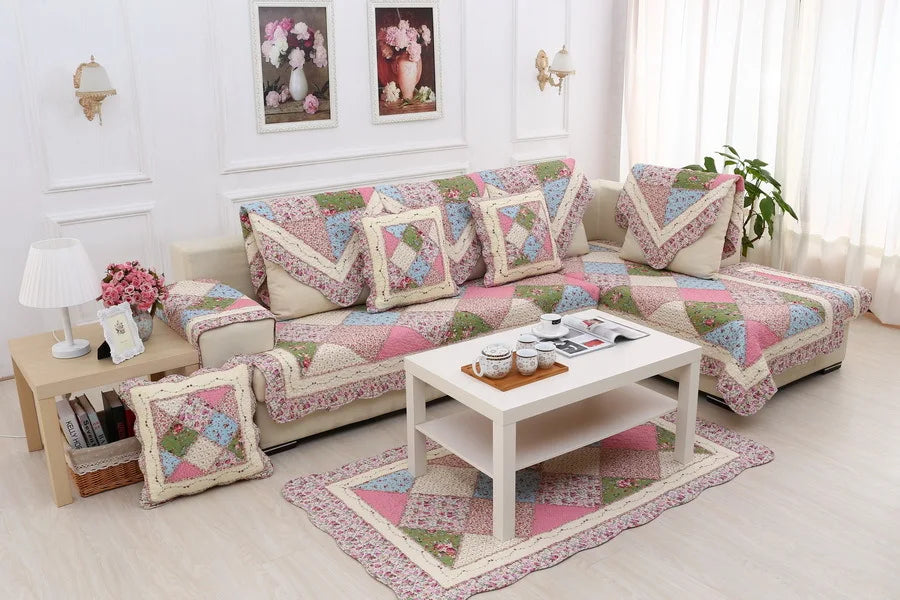 100% Cotton Quilted Sofa Cover – Anti-Slip Patchwork Floral Slipcover