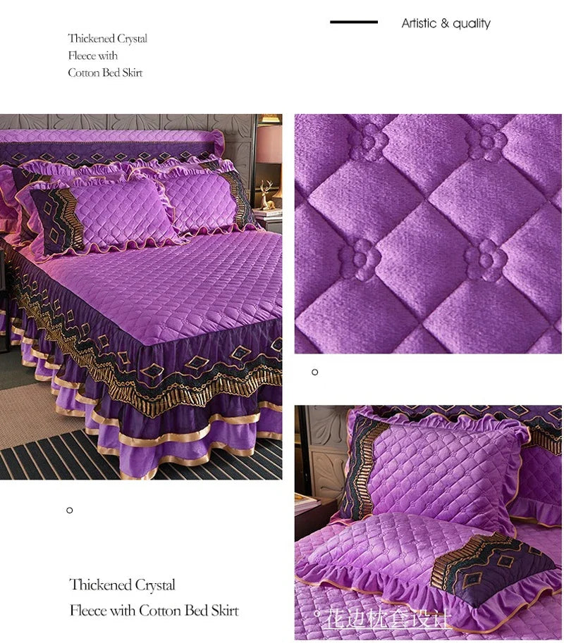 Luxury Crystal Velvet Quilted Bedspread – King & Queen Flannel Bed Skirt