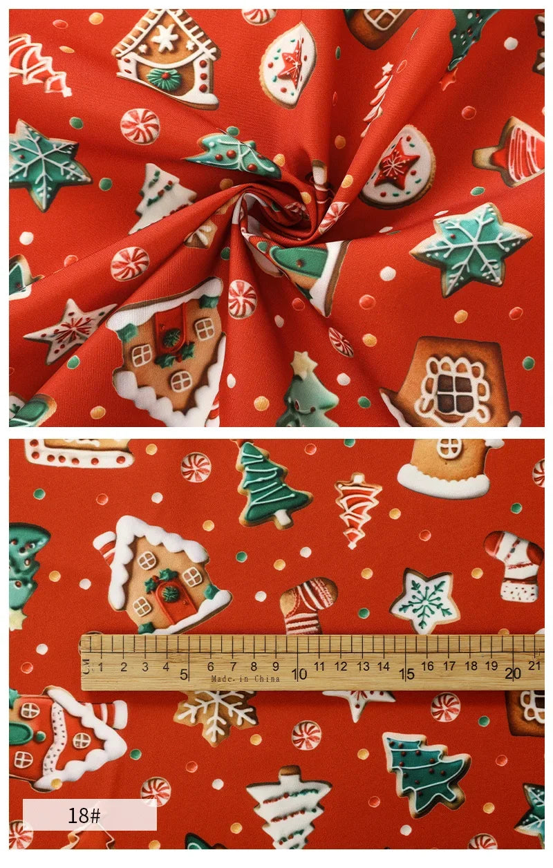 Tela estampada de pan de jengibre navideño y festivo – 100% poliéster, 150 cm de ancho