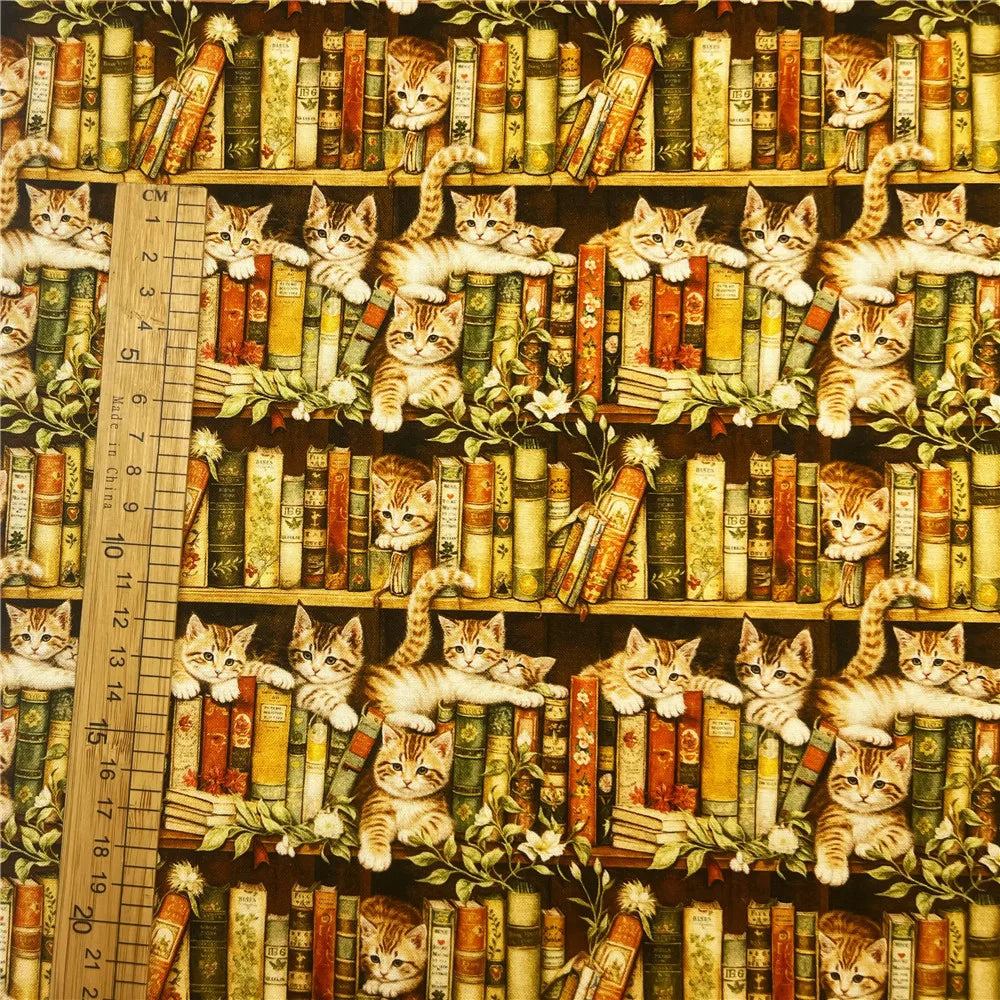 Bookshelf, Flowers & Cats Printed Cotton Fabric – 145cm Wide, Retro Patchwork