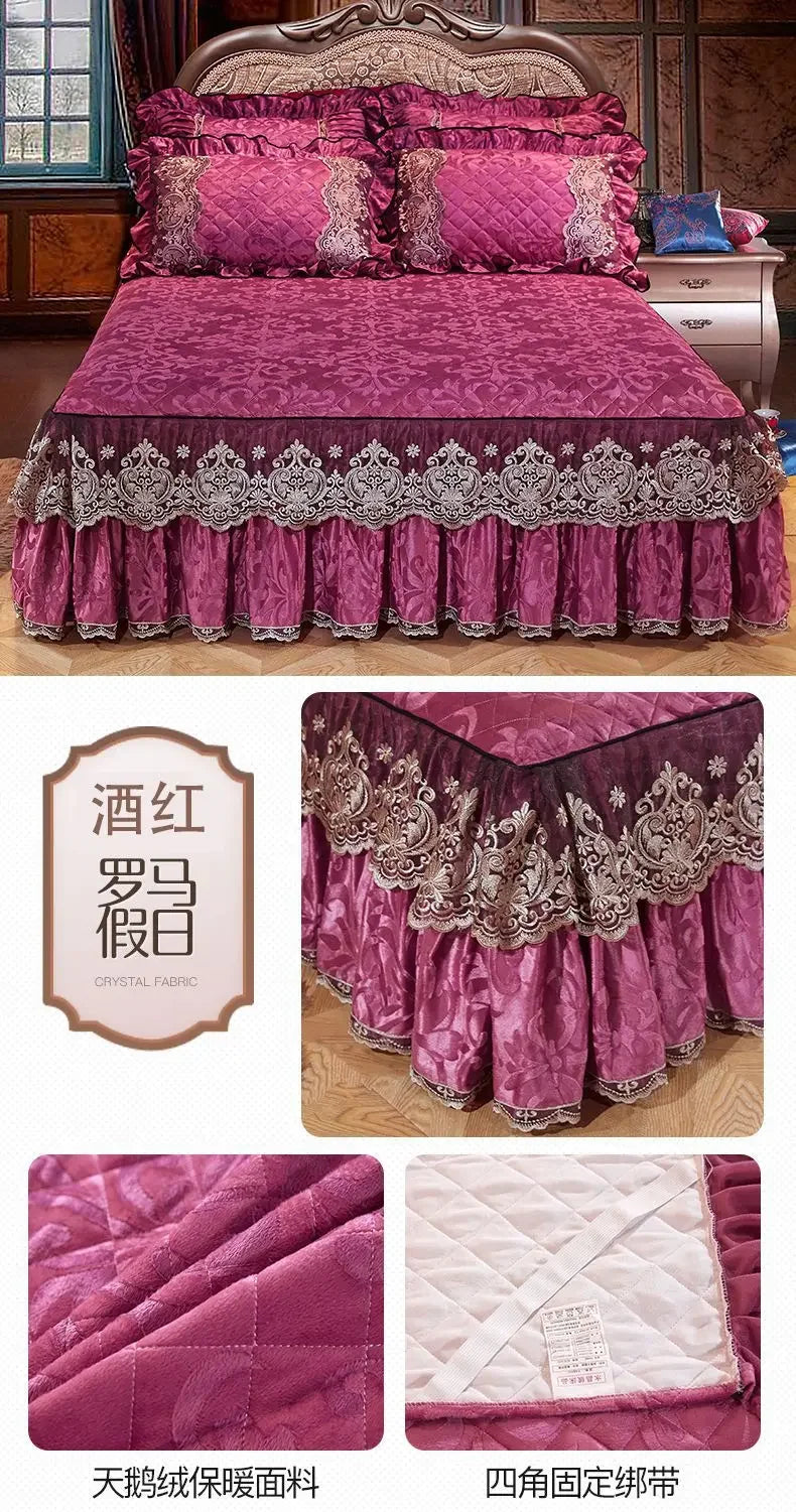 Lace Plush Quilted Bed Skirt – European Style Anti-Slip Mattress Cover | 45 cm Drop