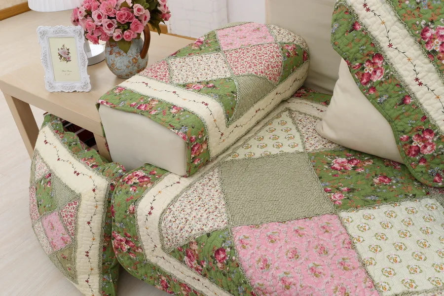 100% Cotton Quilted Sofa Cover – Anti-Slip Patchwork Floral Slipcover