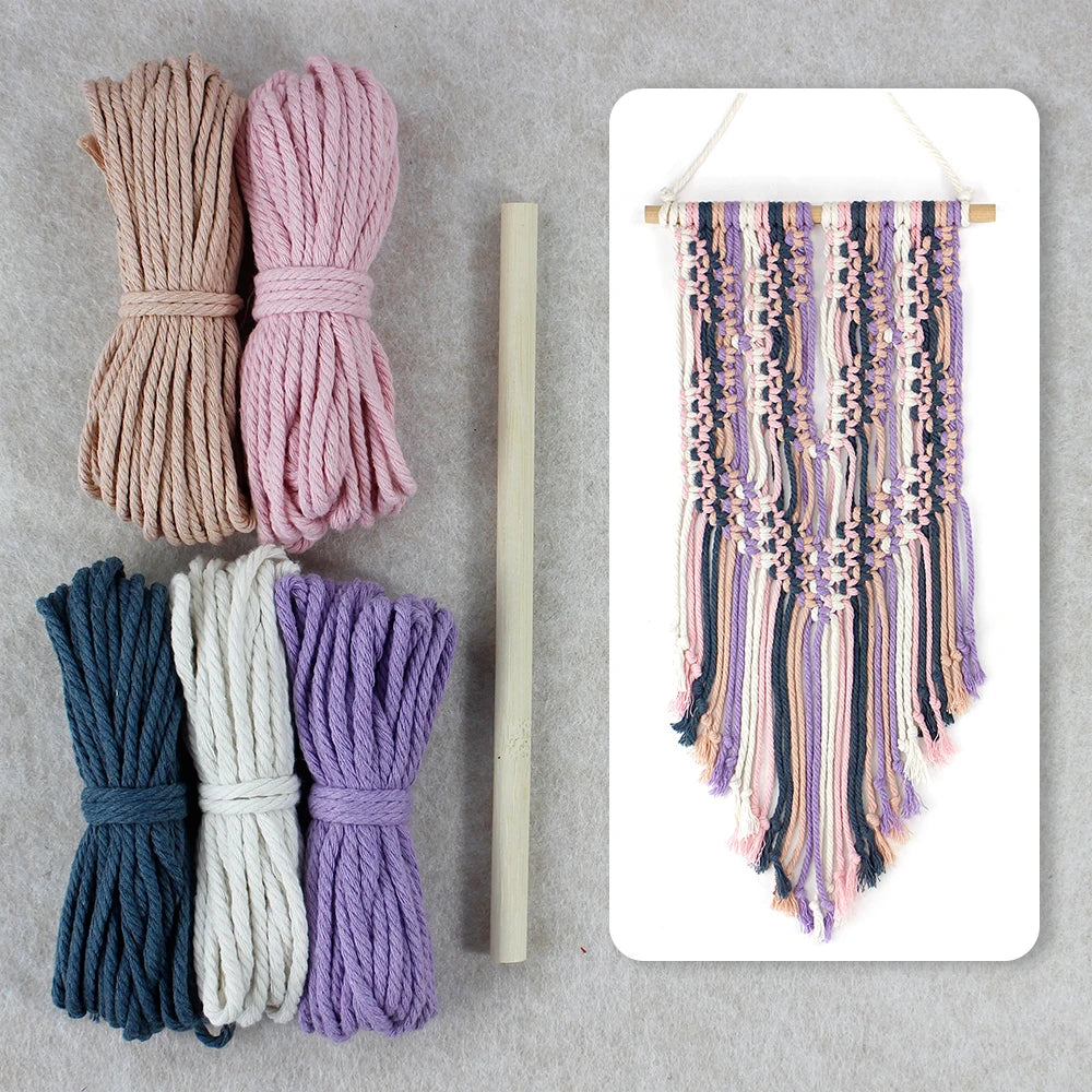 Colorful Macramé Wall Hanging Kit – DIY Beginner Craft, 5-Color Polyester Cord + Wood Dowel