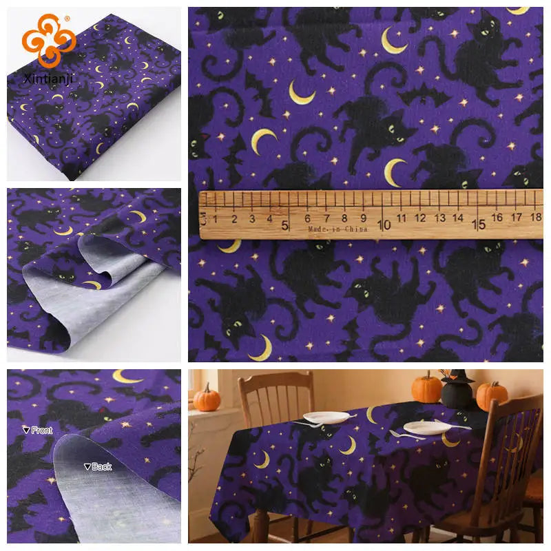 Halloween Bat & Black Cat Print Fabric — 100% Polyester | 0.5, 1 & 2 Meter Cuts