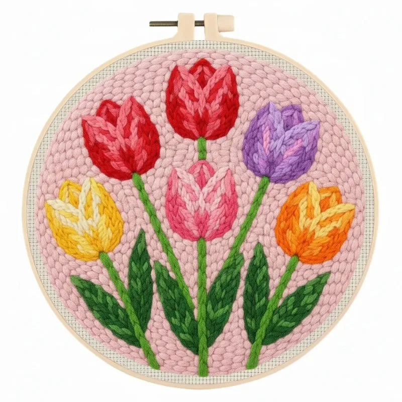 Kit DIY de aguja mágica para adultos principiantes con bastidor de bordado, patrón de flores, rosas, tulipanes, juego de manualidades de pintura con lana.