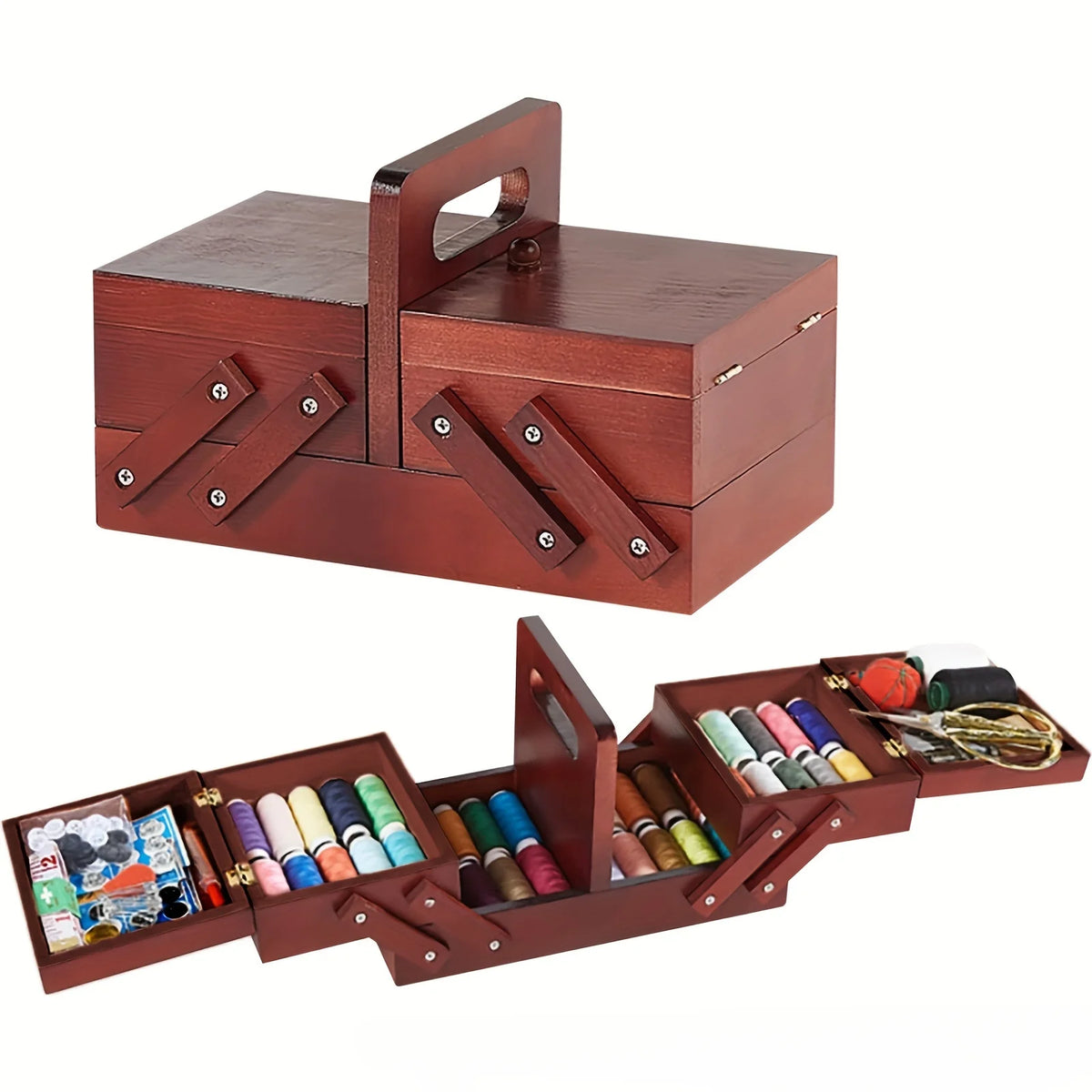 Wooden Expandable Sewing Box with Handle