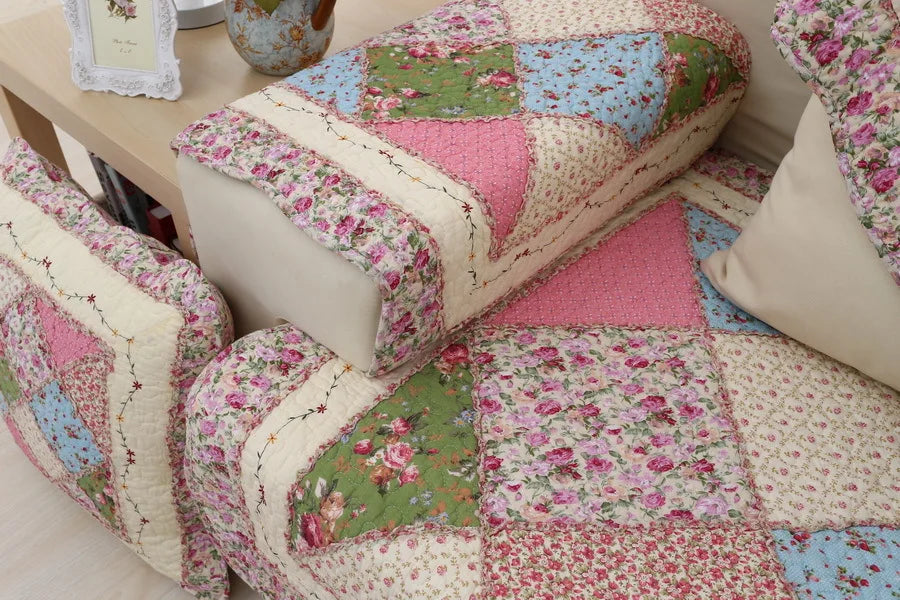 100% Cotton Quilted Sofa Cover – Anti-Slip Patchwork Floral Slipcover