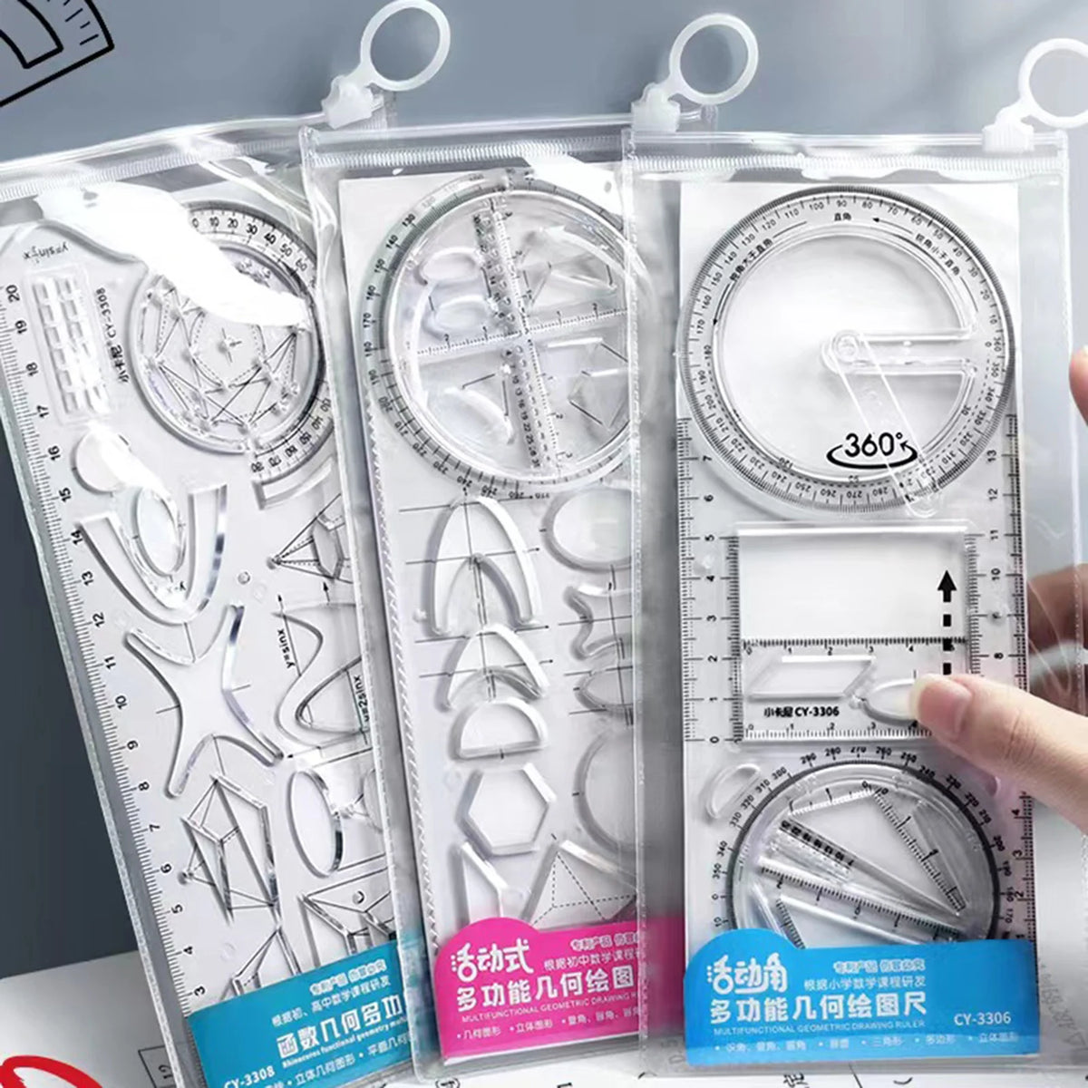 Juego de reglas de curvas geométricas multifuncionales de 3 piezas – Plantillas transparentes de dibujo de patrones para costura y arte