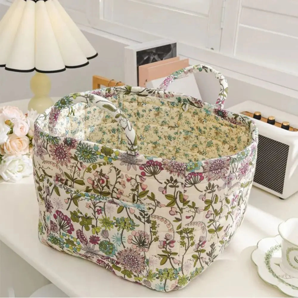 Floral Fabric Storage Basket – Collapsible Quilted Design with Handles, 33×27×26cm – For Laundry, Toys & Home Organization