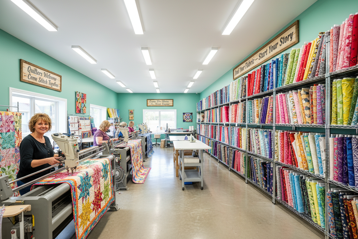 Combined quilting studio - workers left, fabric wall right